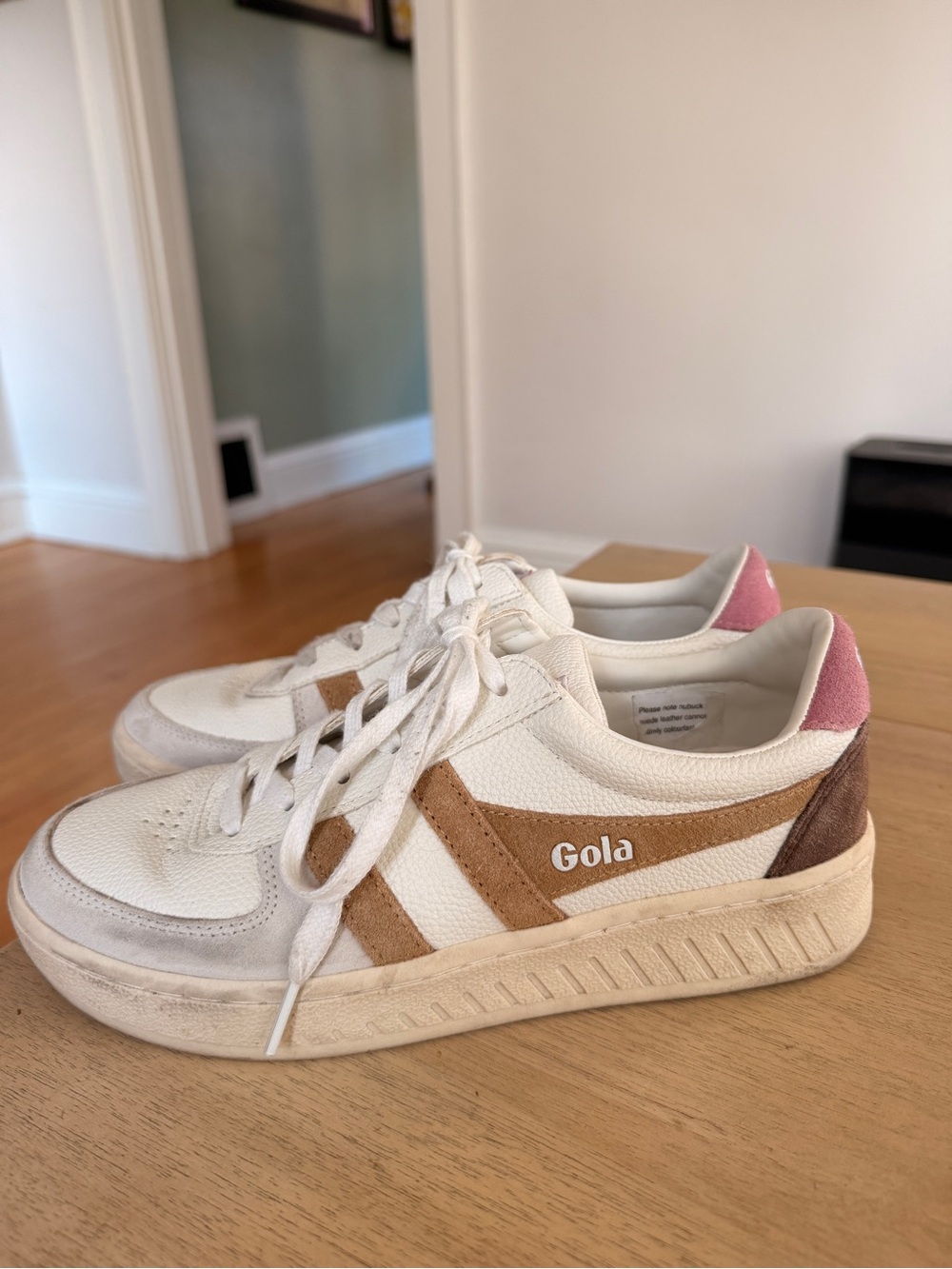 Gola White Leather Sneakers with Tan & Pink Accents